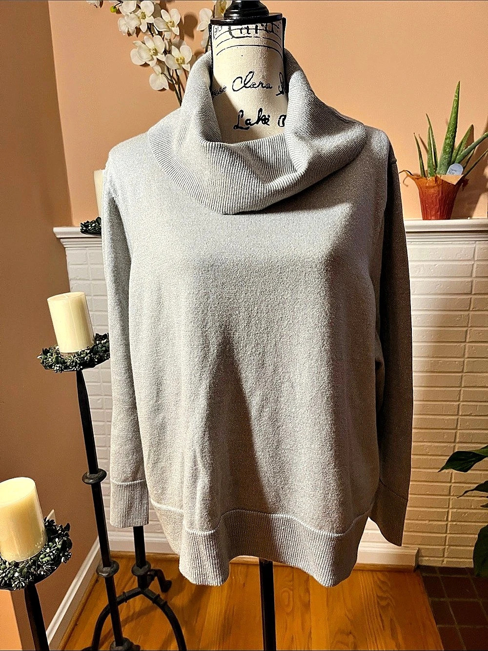 Talbots Merino Button-Cuff Cowlneck Sweater - Shimmer Gray 3X